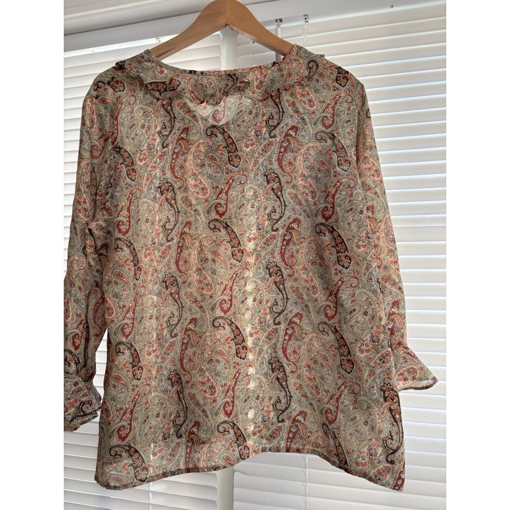 Emma James Liz Claiborne Sheer Paisley Blouse L Tan Fairy Goth Romantic Top - Picture 5 of 7